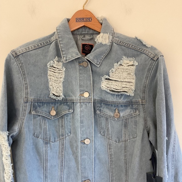 Boom Boom Distressed Torn Moto Jean Denim Trucker Jacket Sz L Relaxed Fit NWT - Picture 4 of 14